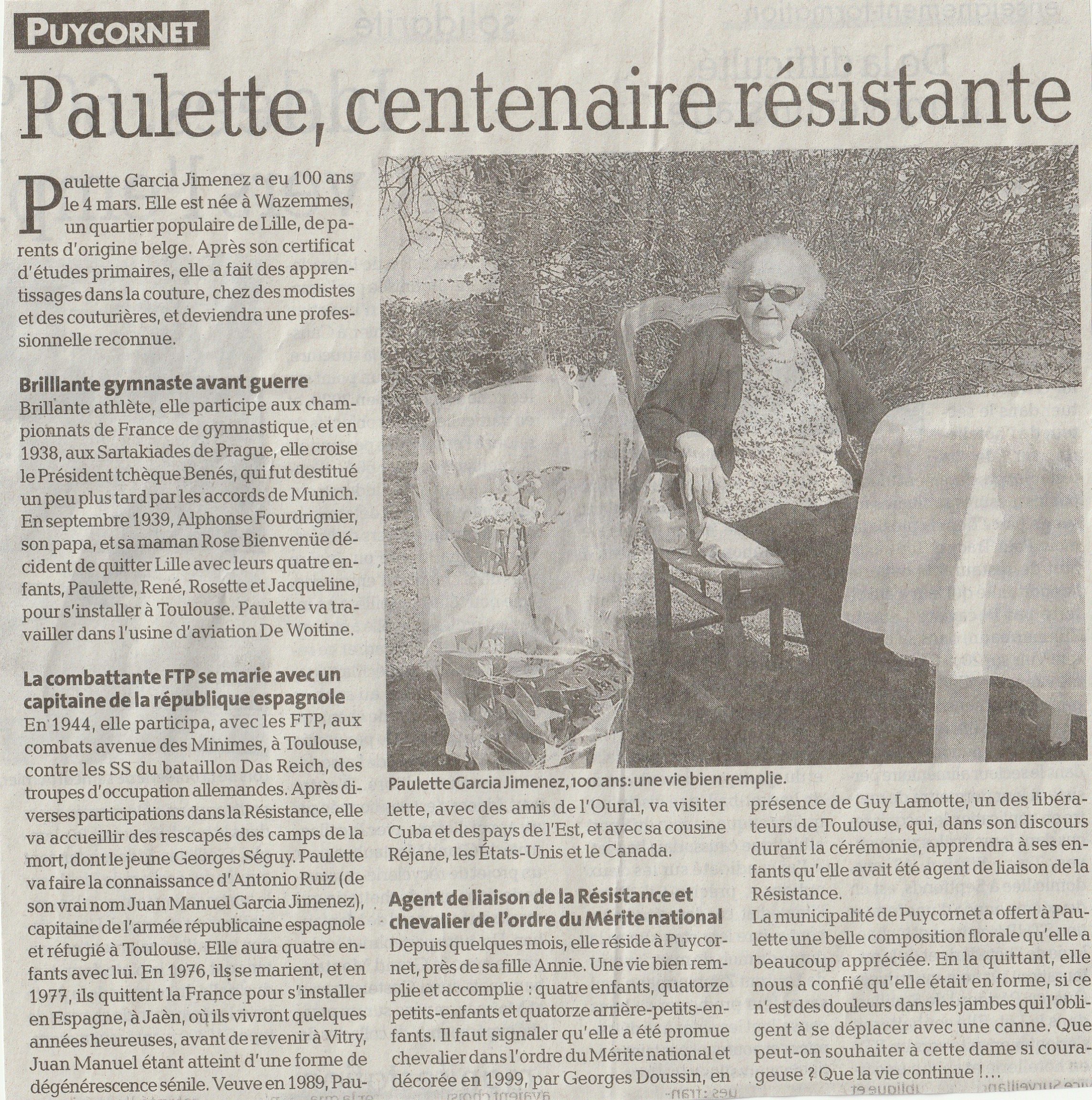 article dépêche Paulette centenaire
