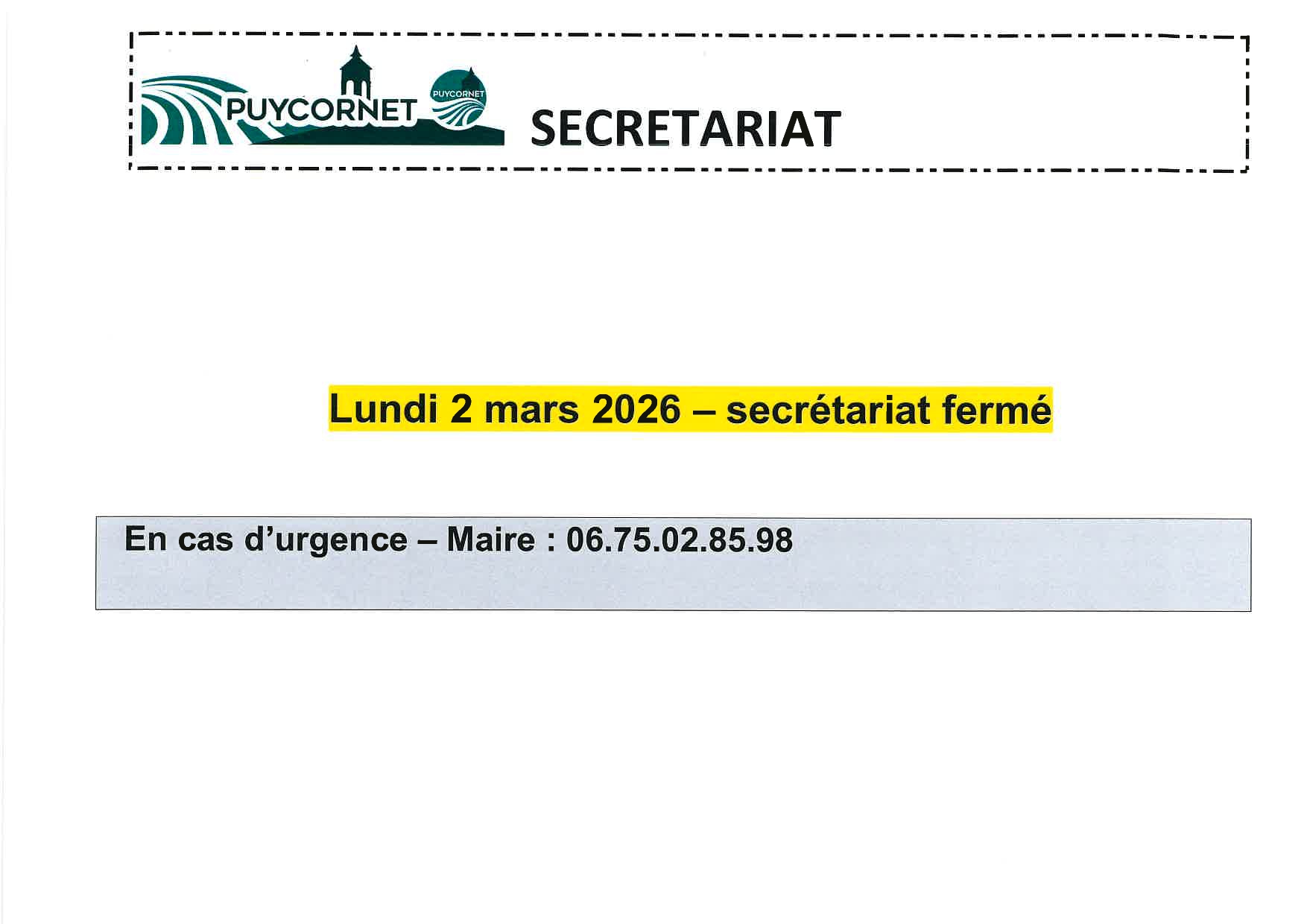 AFFICHE ABSENCE LUNDI 2 MARS 2026 SECRETARIAT FERME_page-0001
