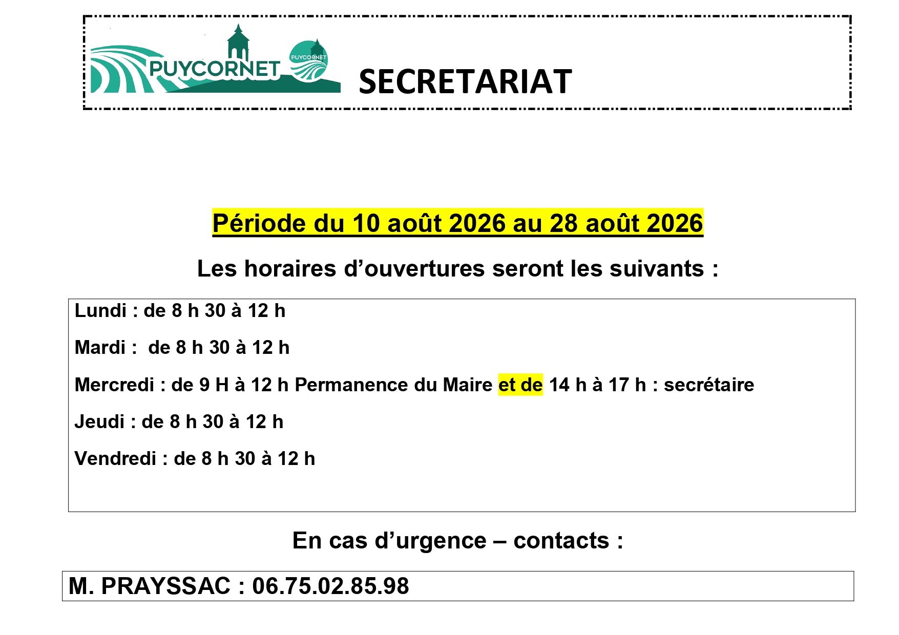 AFFICHE SECRETARIAT HORAIRES du 10-08-2026 au 28-08-2026_page-0001